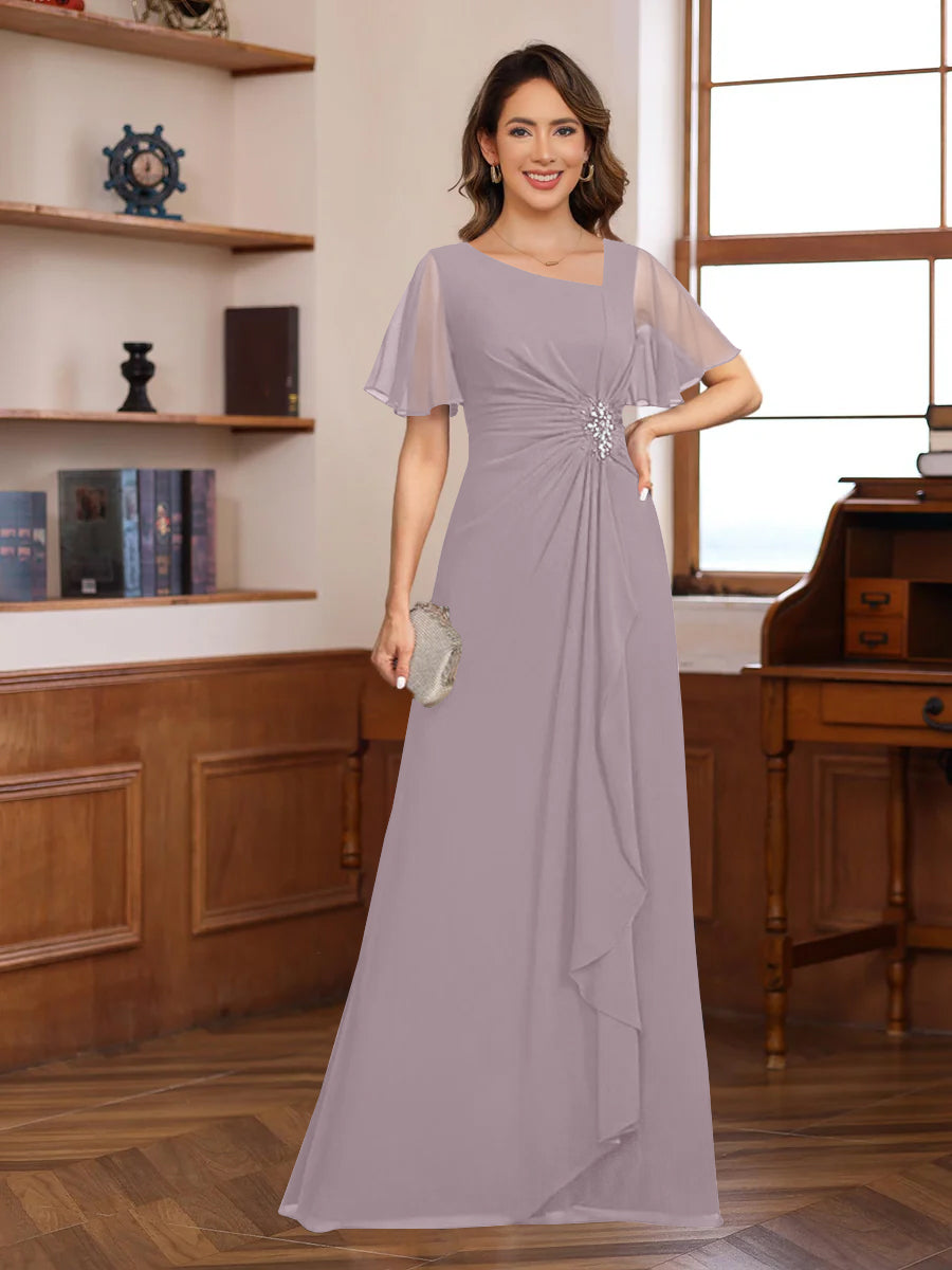 A-Line/Princess V-Neck Short Sleeves Chiffon Mother of the Bride & Groom Dresses with Appliques & Ruffles