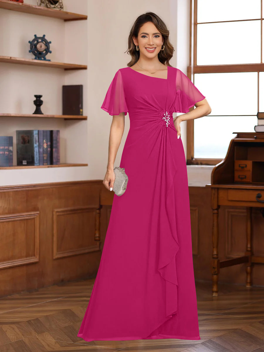 A-Line/Princess V-Neck Short Sleeves Chiffon Mother of the Bride & Groom Dresses with Appliques & Ruffles