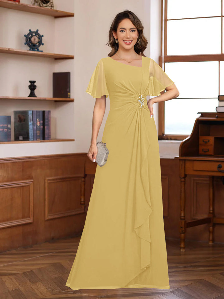 A-Line/Princess V-Neck Short Sleeves Chiffon Mother of the Bride & Groom Dresses with Appliques & Ruffles