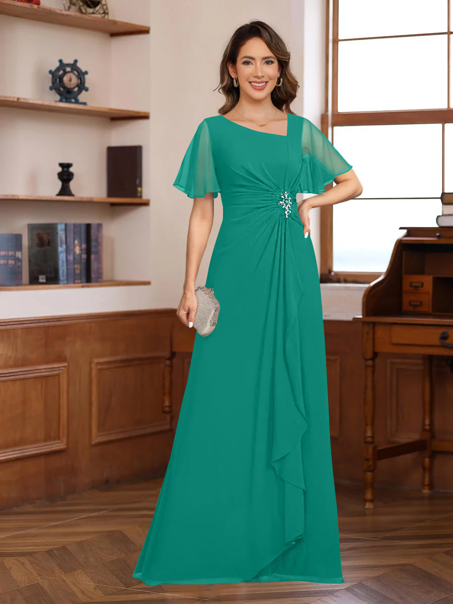 A-Line/Princess V-Neck Short Sleeves Chiffon Mother of the Bride & Groom Dresses with Appliques & Ruffles