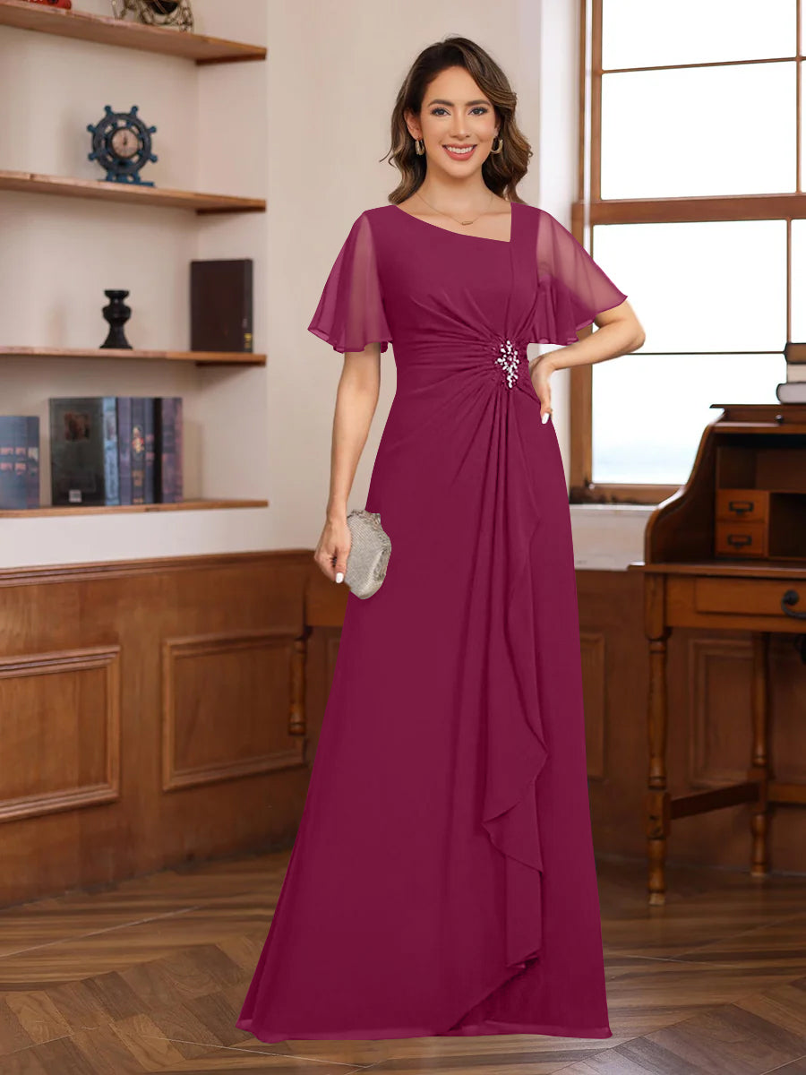 A-Line/Princess V-Neck Short Sleeves Chiffon Mother of the Bride & Groom Dresses with Appliques & Ruffles