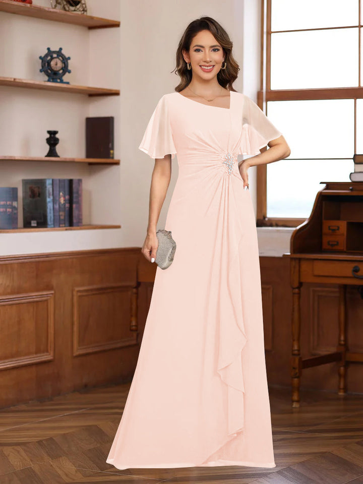 A-Line/Princess V-Neck Short Sleeves Chiffon Mother of the Bride & Groom Dresses with Appliques & Ruffles