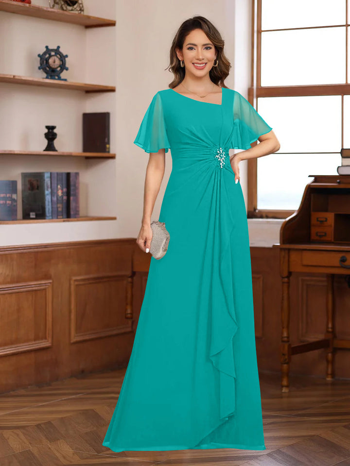 A-Line/Princess V-Neck Short Sleeves Chiffon Mother of the Bride & Groom Dresses with Appliques & Ruffles