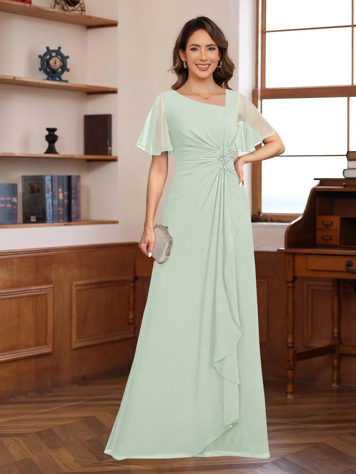 A-Line/Princess V-Neck Short Sleeves Chiffon Mother of the Bride & Groom Dresses with Appliques & Ruffles