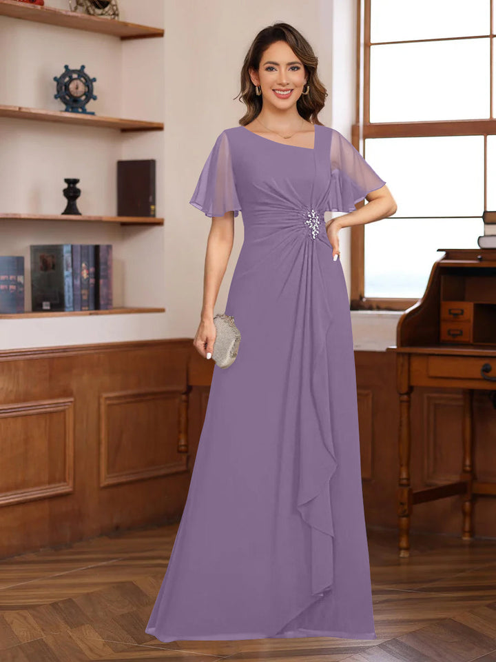 A-Line/Princess V-Neck Short Sleeves Chiffon Mother of the Bride & Groom Dresses with Appliques & Ruffles