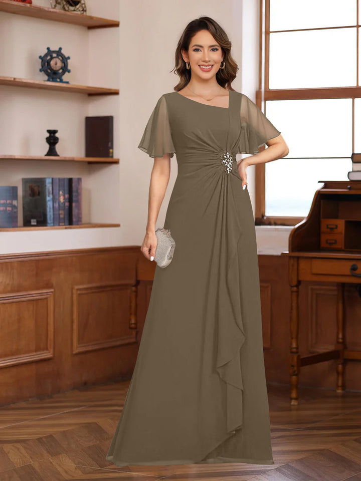 A-Line/Princess V-Neck Short Sleeves Chiffon Mother of the Bride & Groom Dresses with Appliques & Ruffles