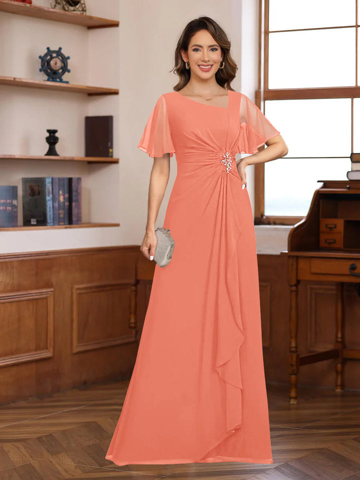 A-Line/Princess V-Neck Short Sleeves Chiffon Mother of the Bride & Groom Dresses with Appliques & Ruffles
