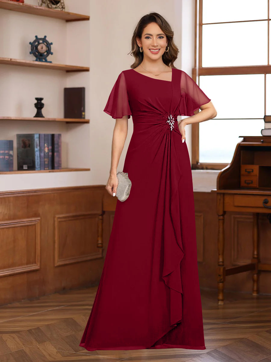 A-Line/Princess V-Neck Short Sleeves Chiffon Mother of the Bride & Groom Dresses with Appliques & Ruffles