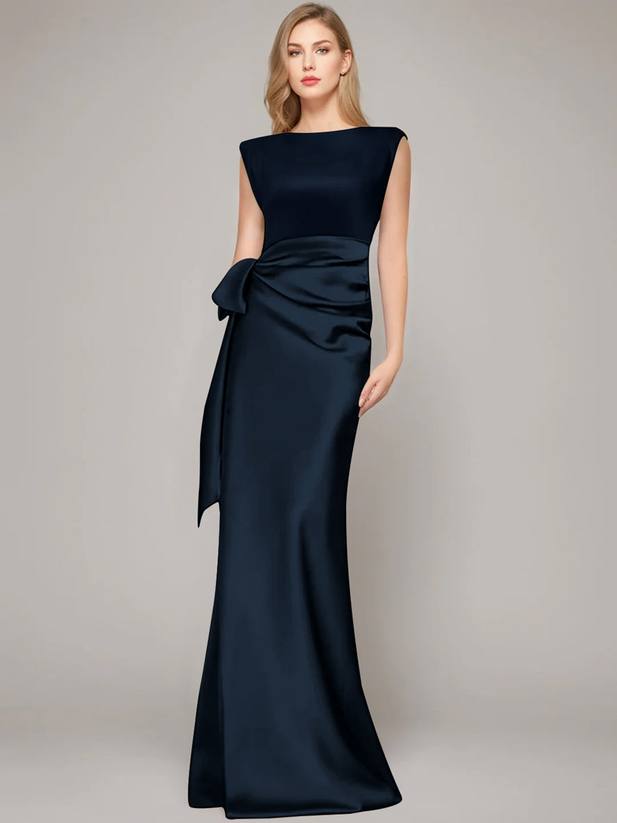 Sheath/Column Scoop Sleeveless Floor-Length Mother of the Bride Dresses with Bow & Shoulder Pad