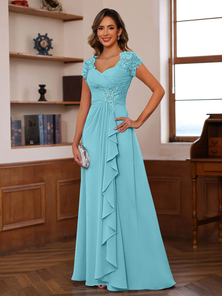 A-Line/Princess V-Neck Short Sleeves Pleated Mother of the Bride & Groom Dresses with Ruffles & Appliques