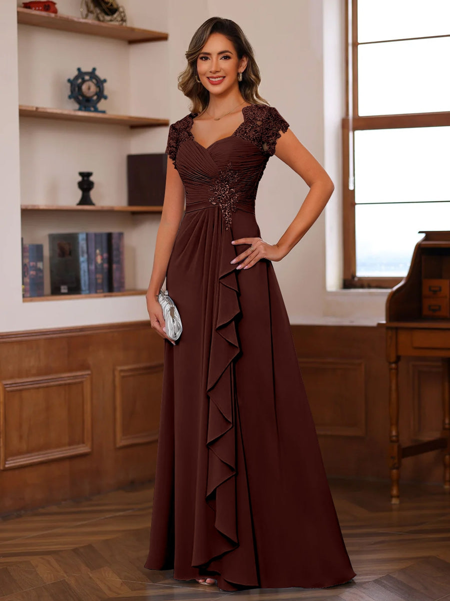 A-Line/Princess V-Neck Short Sleeves Pleated Mother of the Bride & Groom Dresses with Ruffles & Appliques