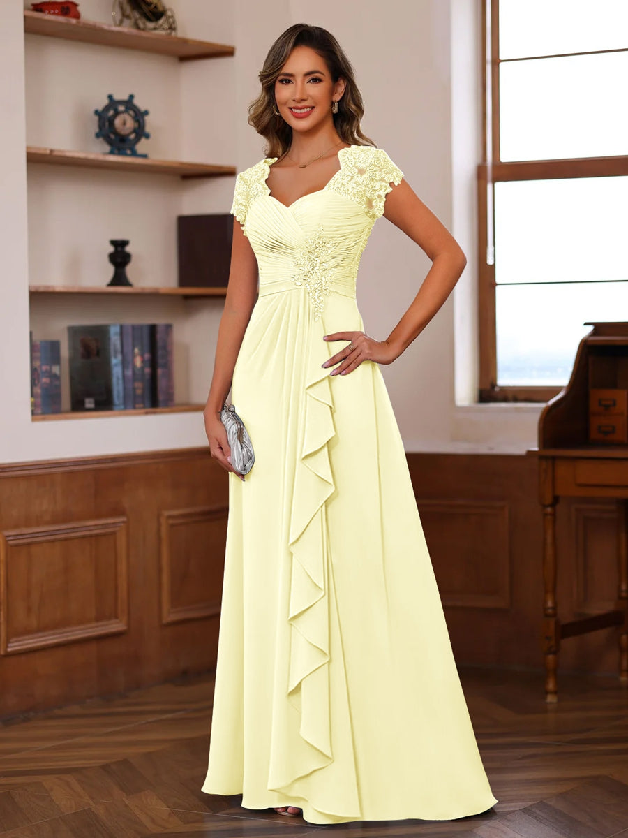 A-Line/Princess V-Neck Short Sleeves Pleated Mother of the Bride & Groom Dresses with Ruffles & Appliques