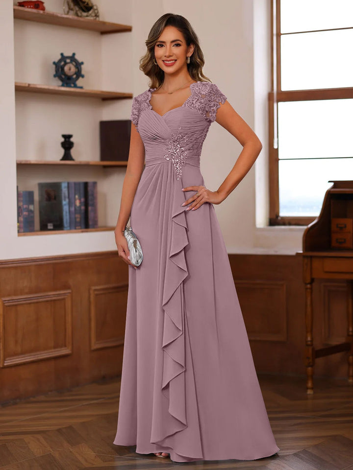 A-Line/Princess V-Neck Short Sleeves Pleated Mother of the Bride & Groom Dresses with Ruffles & Appliques