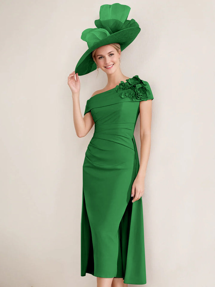 Sheath/Column Off-the-Shoulder Pleated Tea-Length Mother of the Bride Dresses with 3D Flower