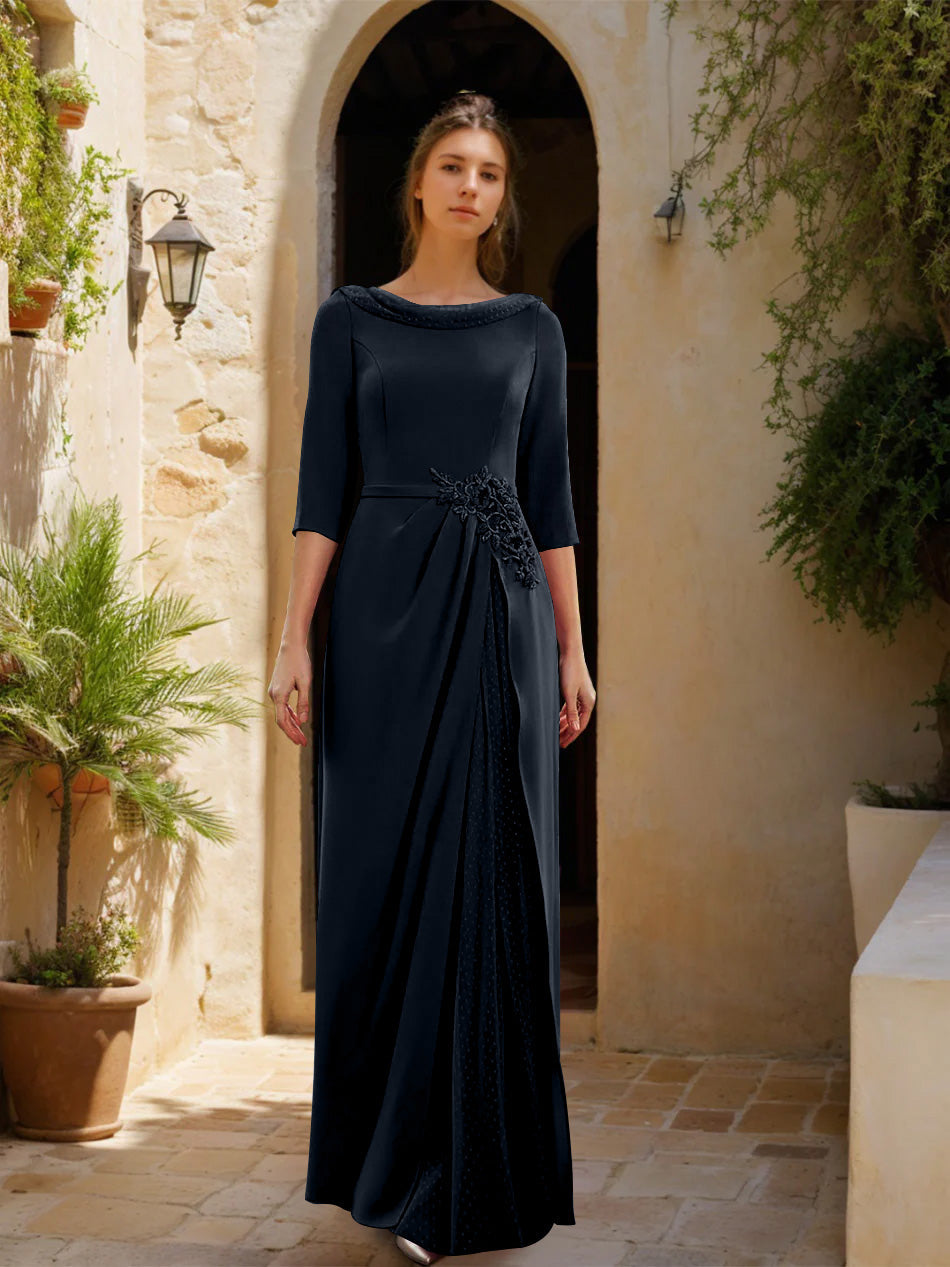 Sheath/Column Cowl Neck 3/4 Sleeves Floor-Length Mother of the Bride Dresses with Tulle & Sash & Slit & Jewel Appliques