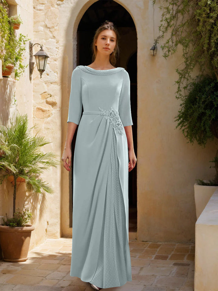 Sheath/Column Cowl Neck 3/4 Sleeves Floor-Length Mother of the Bride Dresses with Tulle & Sash & Slit & Jewel Appliques