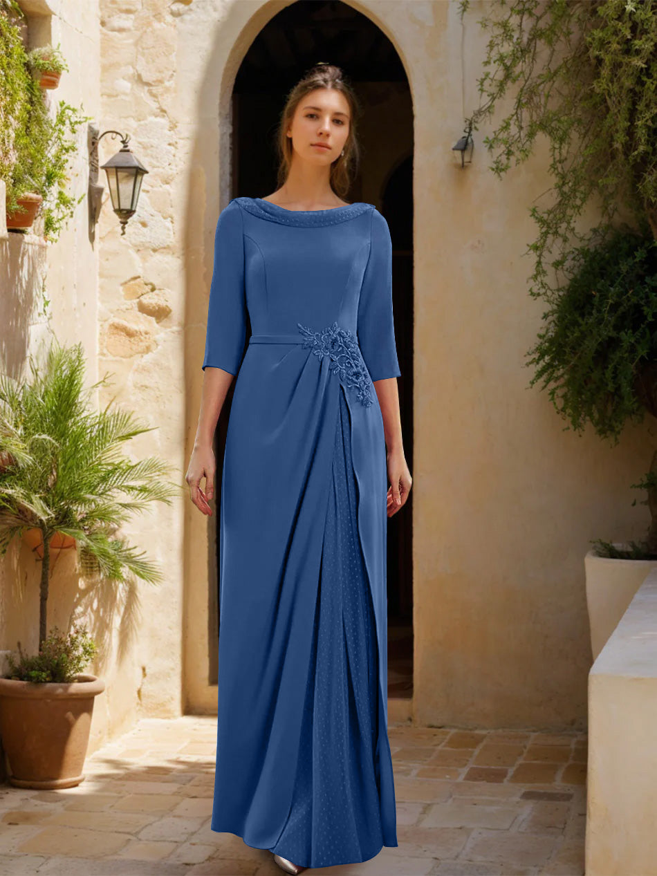 Sheath/Column Cowl Neck 3/4 Sleeves Floor-Length Mother of the Bride Dresses with Tulle & Sash & Slit & Jewel Appliques