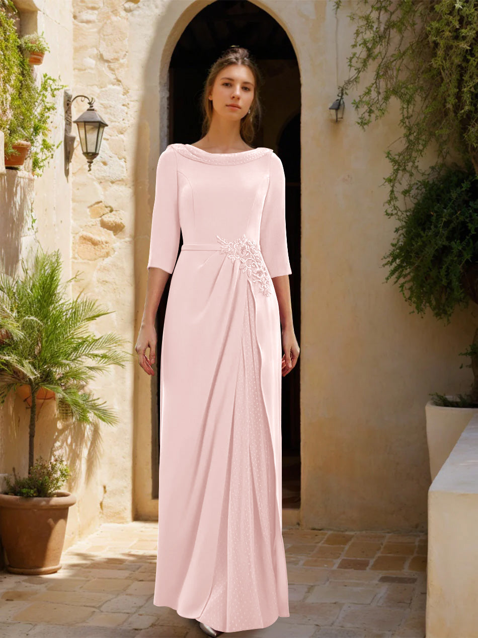 Sheath/Column Cowl Neck 3/4 Sleeves Floor-Length Mother of the Bride Dresses with Tulle & Sash & Slit & Jewel Appliques