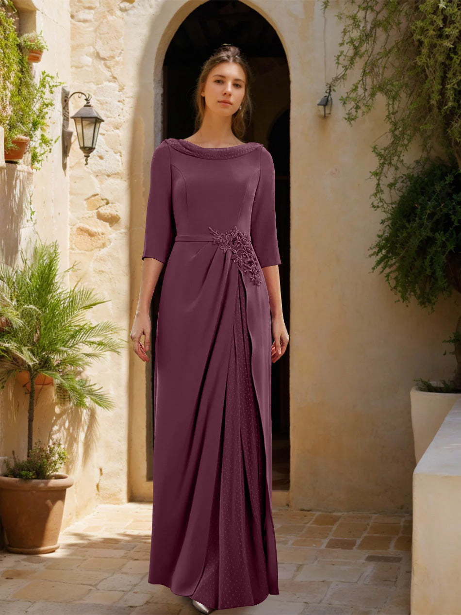 Sheath/Column Cowl Neck 3/4 Sleeves Floor-Length Mother of the Bride Dresses with Tulle & Sash & Slit & Jewel Appliques