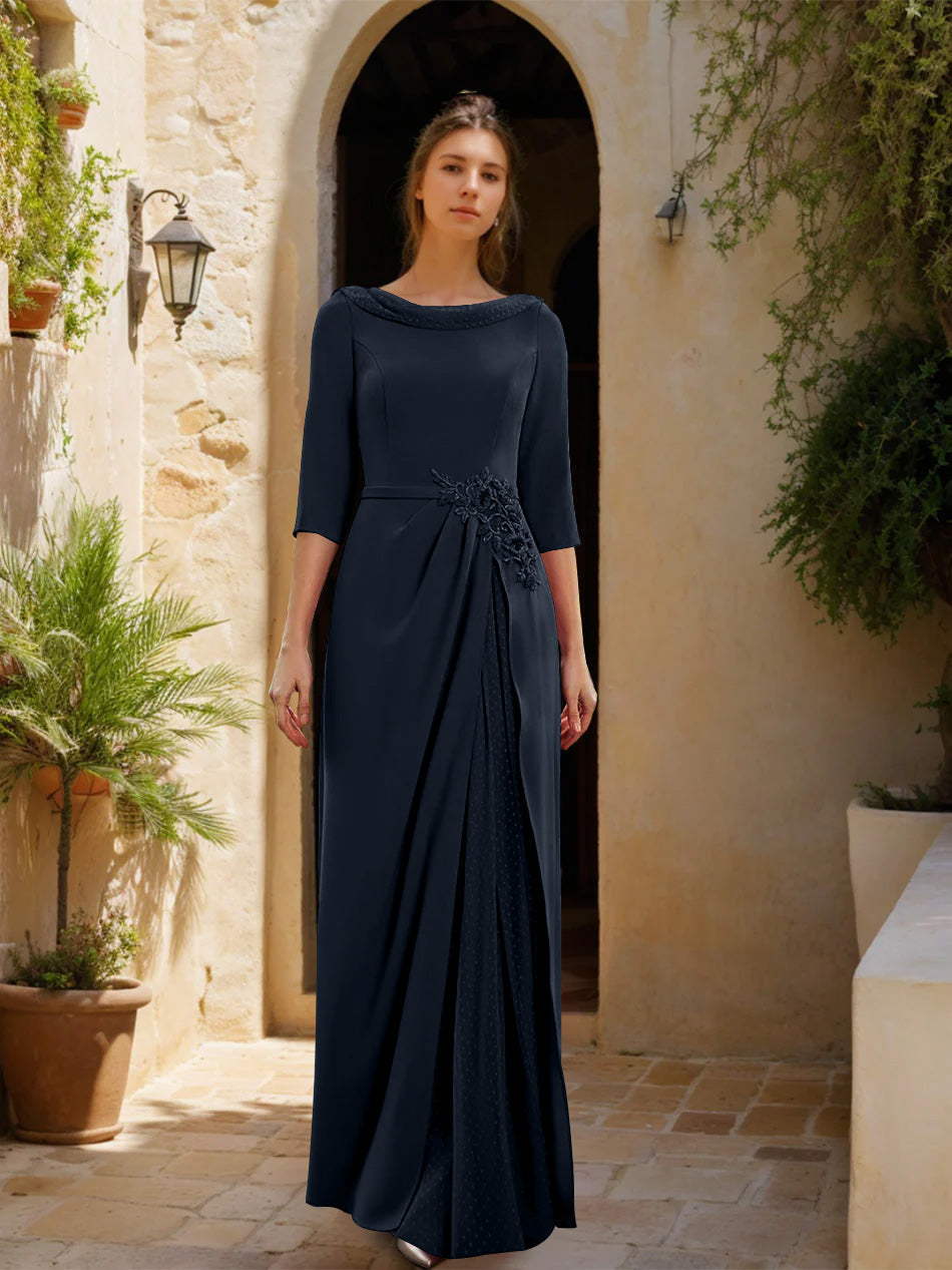 Sheath/Column Cowl Neck 3/4 Sleeves Floor-Length Mother of the Bride Dresses with Tulle & Sash & Slit & Jewel Appliques