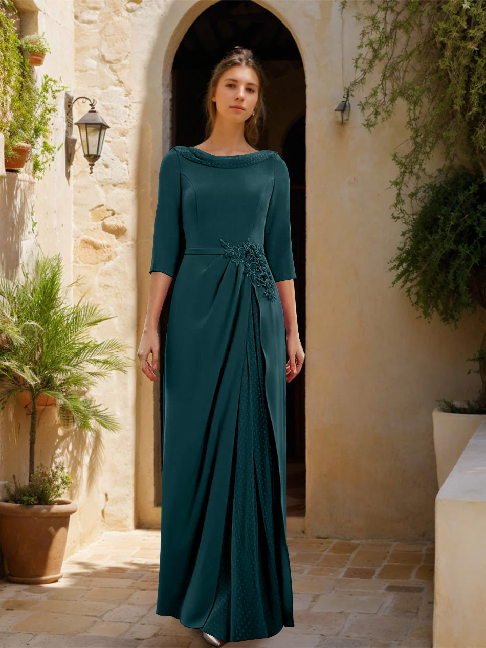 Sheath/Column Cowl Neck 3/4 Sleeves Floor-Length Mother of the Bride Dresses with Tulle & Sash & Slit & Jewel Appliques