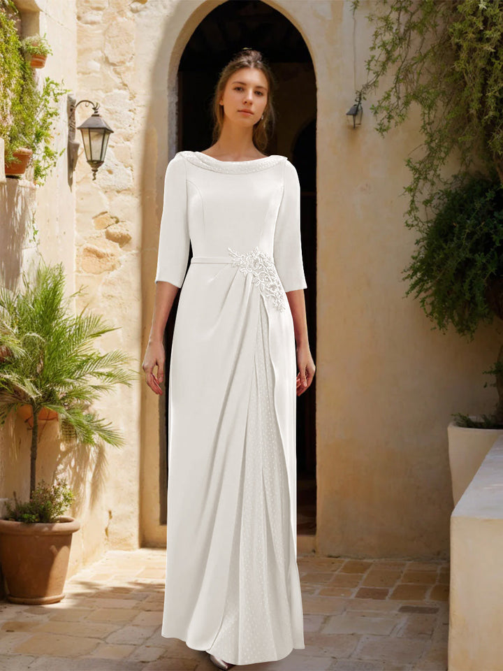 Sheath/Column Cowl Neck 3/4 Sleeves Floor-Length Mother of the Bride Dresses with Tulle & Sash & Slit & Jewel Appliques
