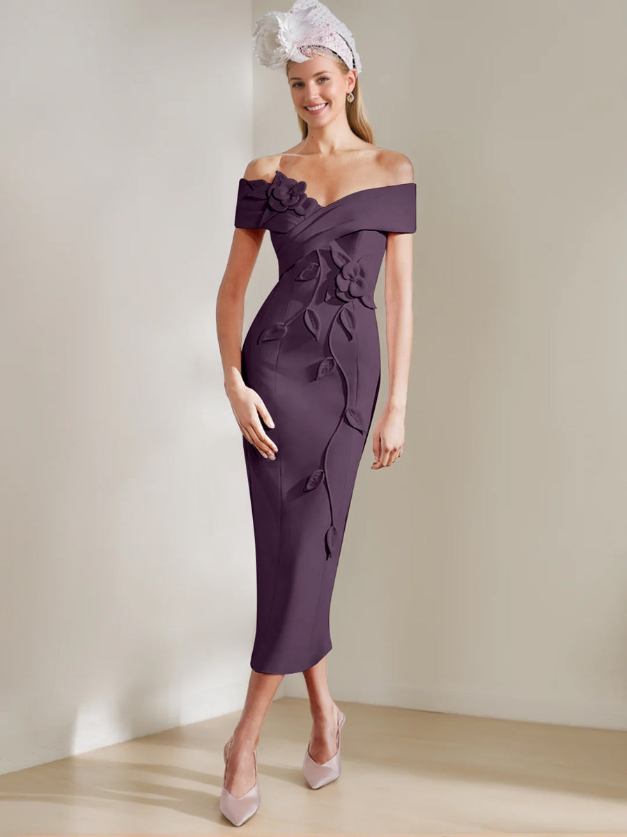 Sheath/Column Off-the-shoulder Tea-Length Mother of the Bride Dresses with 3D Flowers
