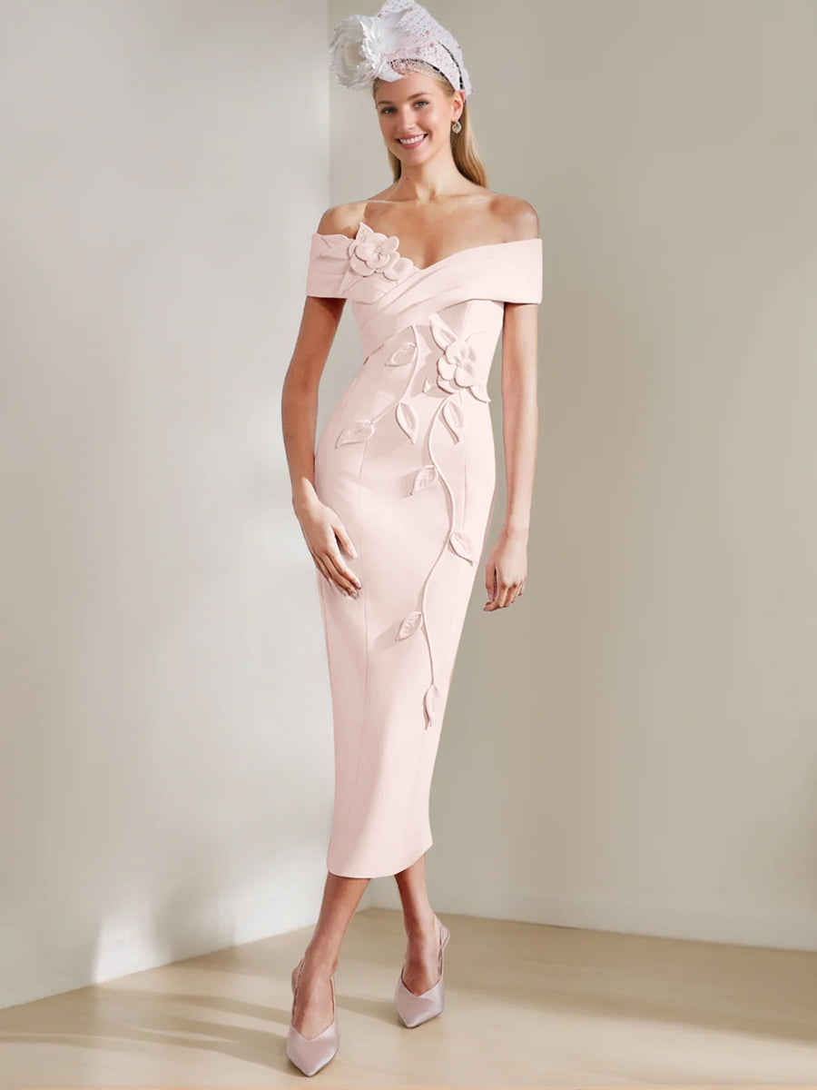Sheath/Column Off-the-shoulder Tea-Length Mother of the Bride Dresses with 3D Flowers