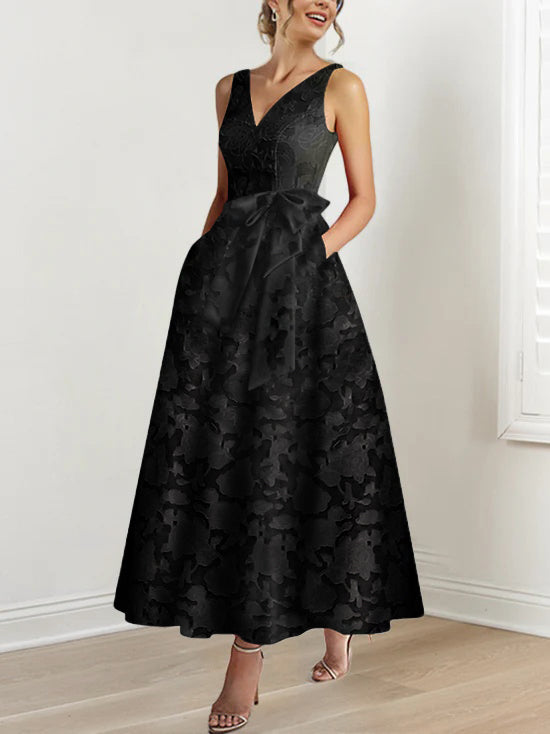 A-Line/Princess V-Neck Sleeveless Ankle-Length Rose Lace Applique Mother of the Bride Dresses with Pockets & Ruffles