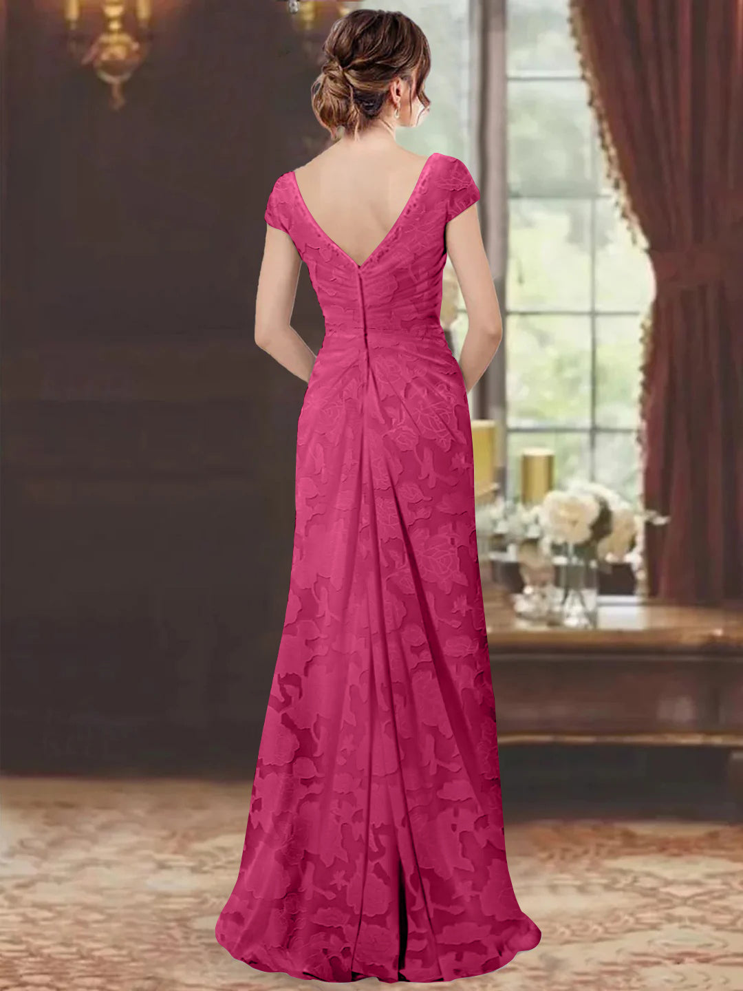 Sheath/Column V-Neck Short Sleeves Floor-Length Rose Lace Applique Mother of the Bride Dresses With Ruffles & Sequins