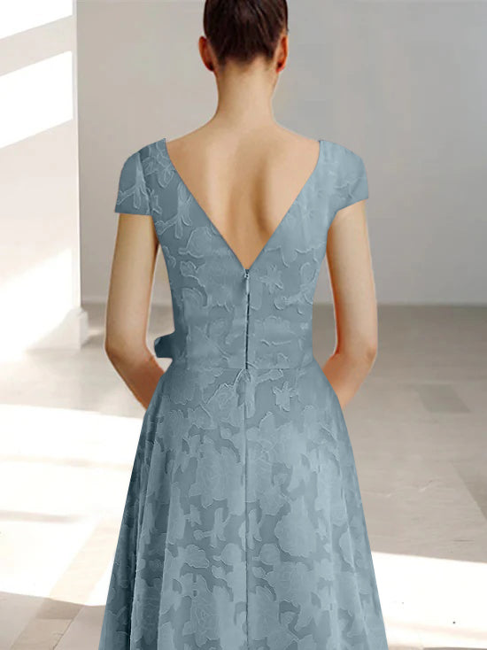 A-Line/Princess V-Neck Short Sleeves Ankle-Length Rose Lace Applique Mother of the Bride Dresses With Pockets & Ruffles