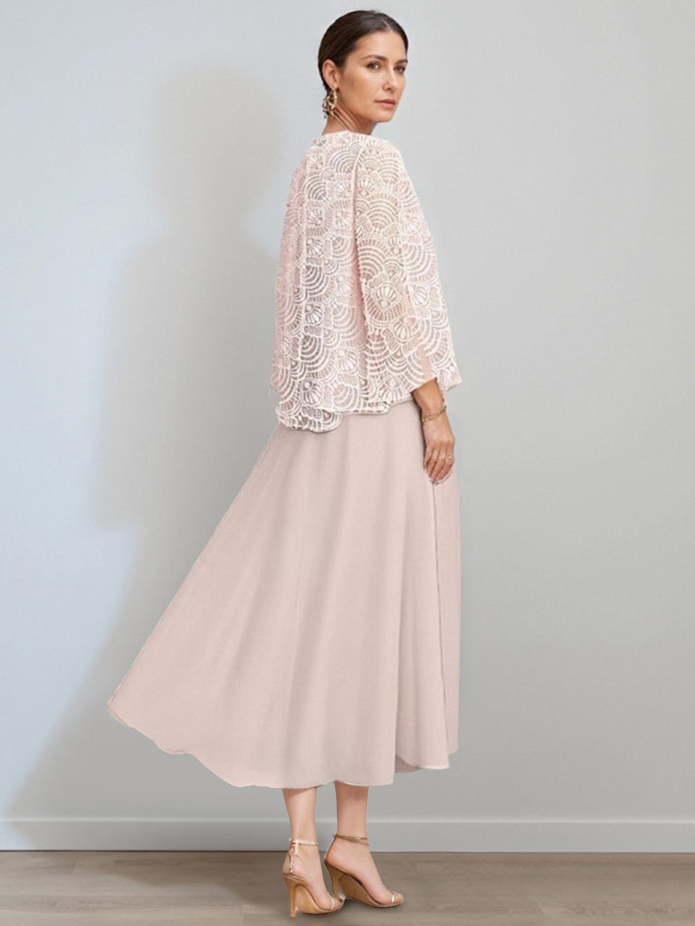 A-Line/Princess Jewel Neck Tea Length Mother of the Bride Dresses with Jacket & Lace