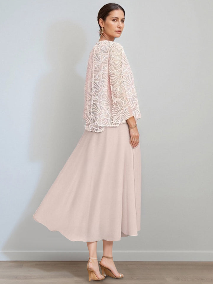 A-Line/Princess Jewel Neck Tea Length Mother of the Bride Dresses with Jacket & Lace