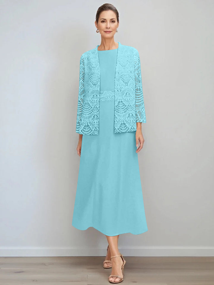 A-Line/Princess Jewel Neck Tea Length Mother of the Bride Dresses with Jacket & Lace