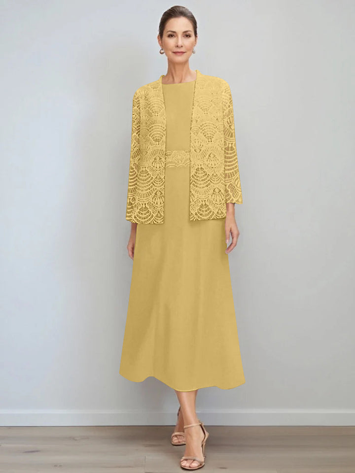 A-Line/Princess Jewel Neck Tea Length Mother of the Bride Dresses with Jacket & Lace