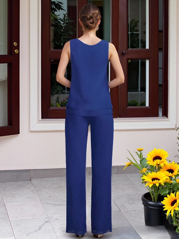 Chiffon 3 Pieces Floor-Length Mother of the Bride Pantsuits with Jacket & Beadings
