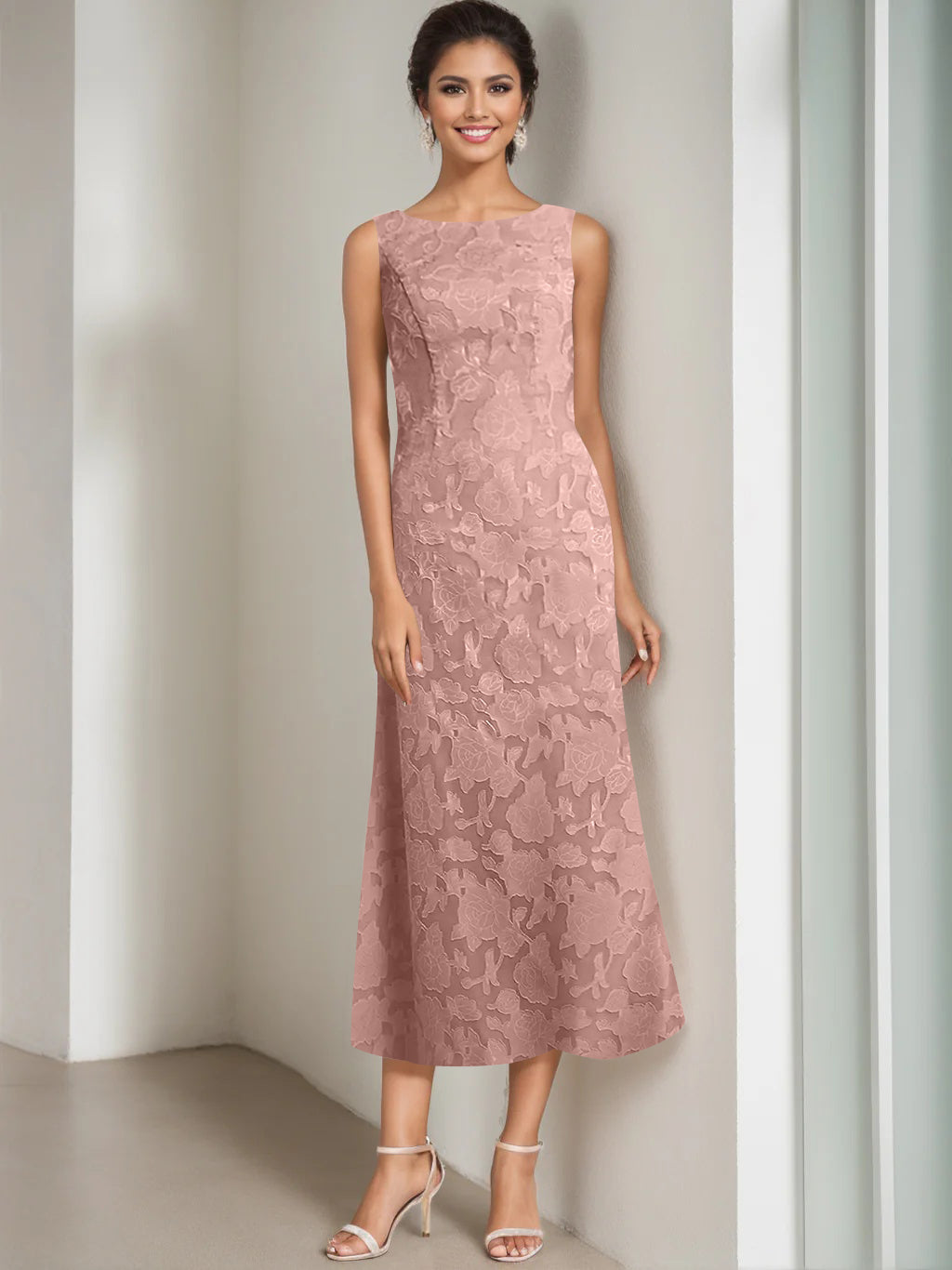 Sheath/Column Jewel Neck Tea-Length Rose Lace Applique Mother of the Bride Dresses with Jacket