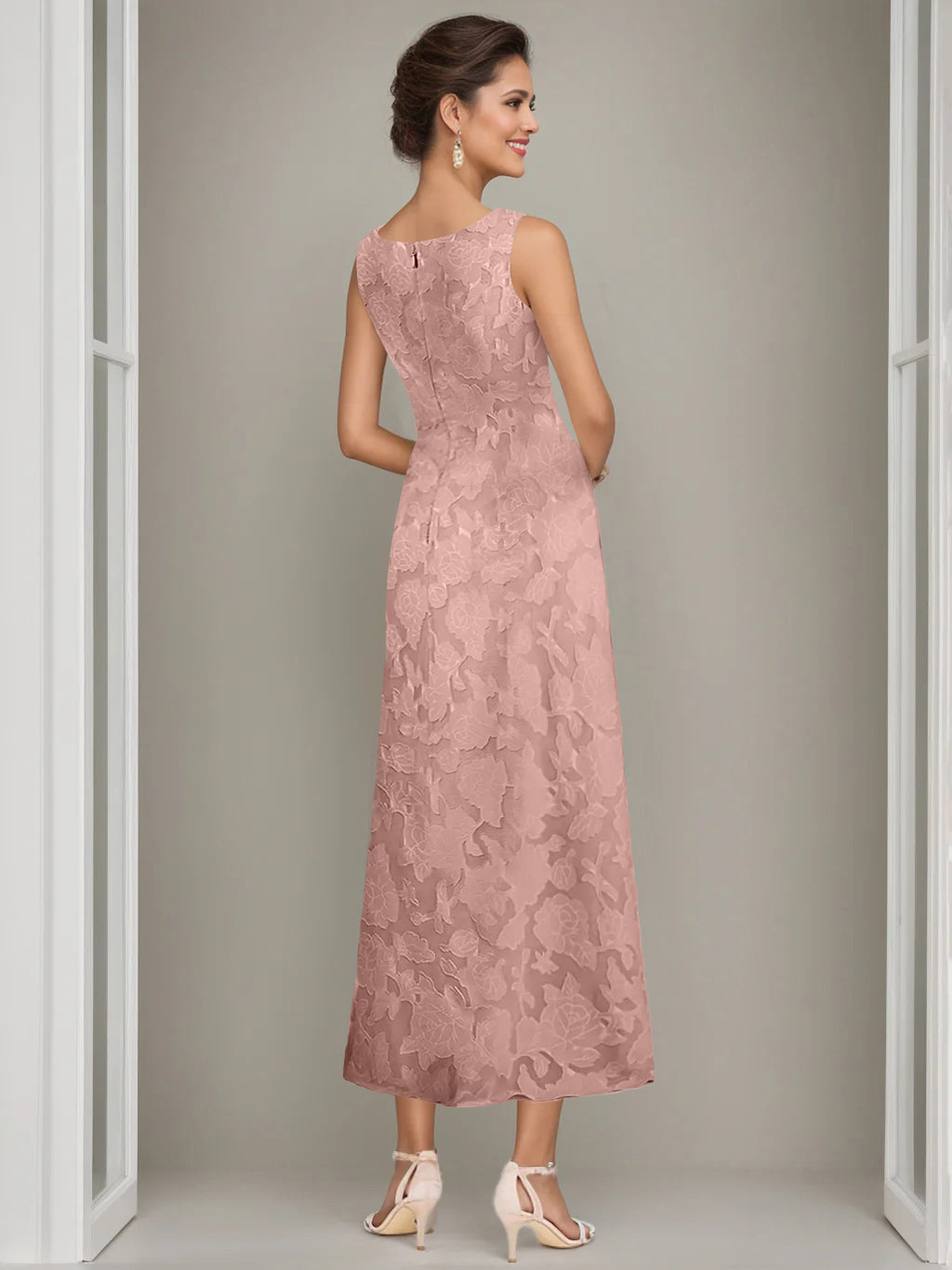 Sheath/Column Jewel Neck Tea-Length Rose Lace Applique Mother of the Bride Dresses with Jacket