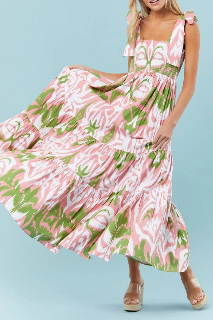 Naomi - Boho Gingham Smocked Maxi Dress with Tied Straps