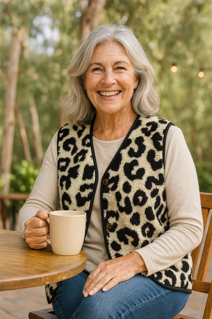 Marlene | Leopard Knit Comfort Vest - No fuss. No squeeze. Effortless warmth.