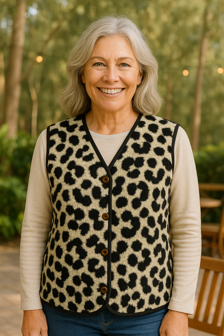 Marlene | Leopard Knit Comfort Vest - No fuss. No squeeze. Effortless warmth.