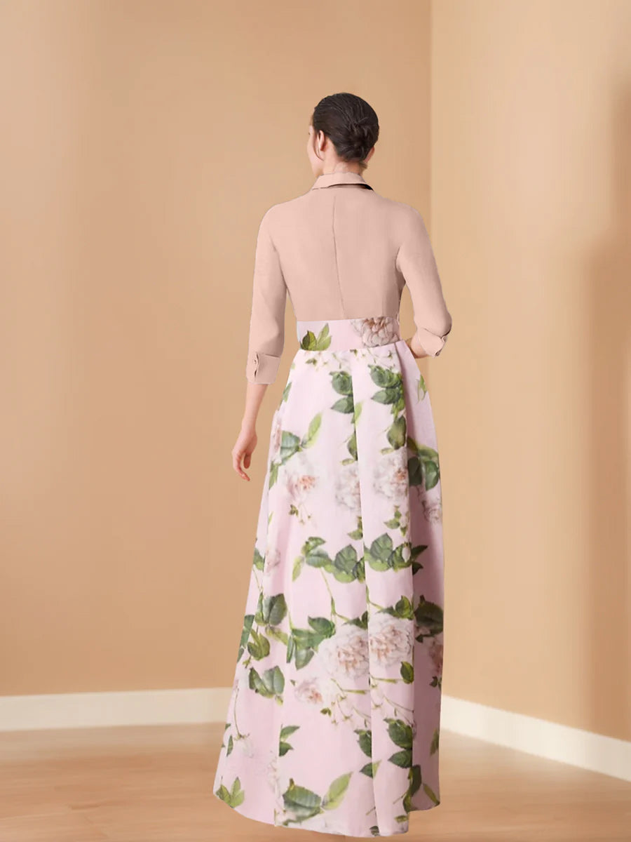A-Line/Princess V-Neck 3/4 Sleeves Printed Floral Mother of the Bride Dresses with Bow Belt