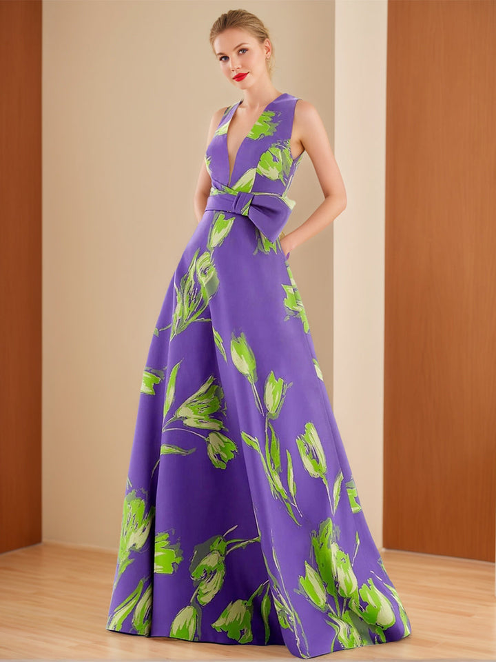 A-Line/Princess V-Neck Sleeveless Printed Floral Mother of the Bride & Groom Dresses with Bow Belt