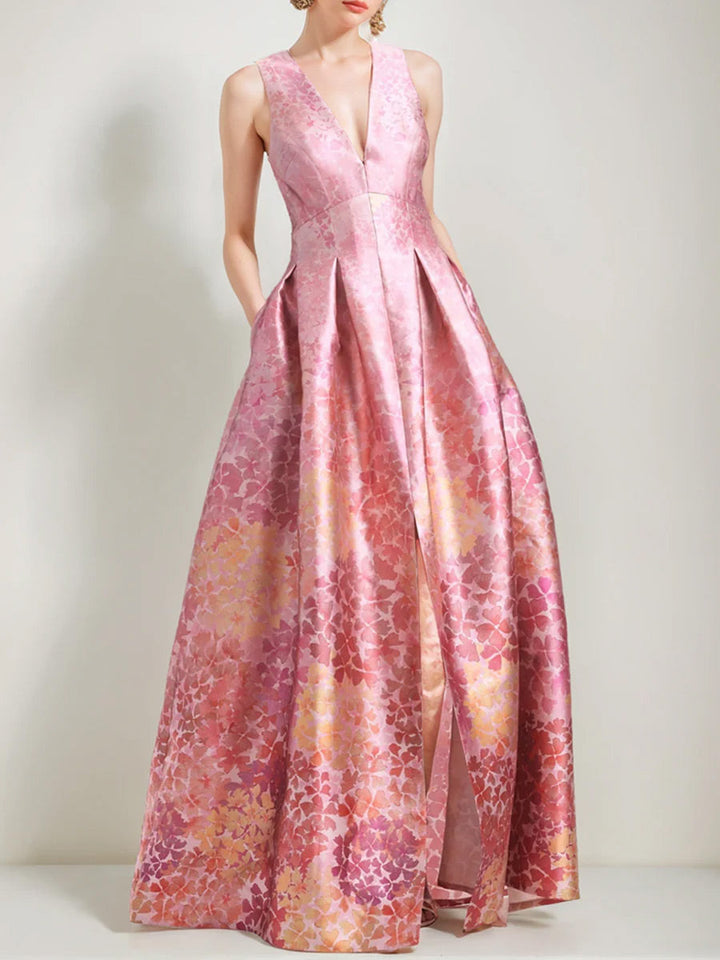 A-Line/Princess V-Neck Sleeveless Printed Floral Mother of the Bride & Groom Dresses with High Split & Pocket
