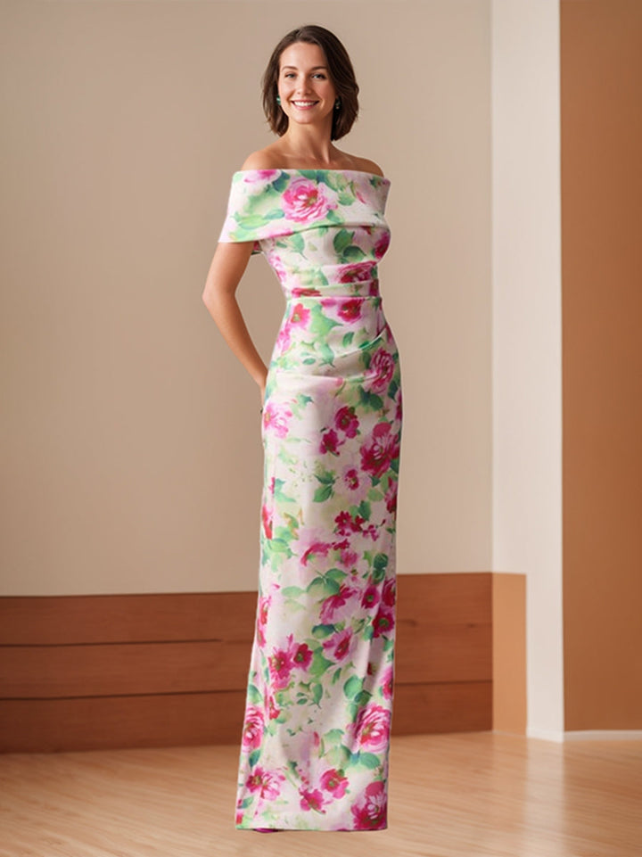 Sheath/Column Off-the-Shoulder Floor-Length Printed Floral Mother of the Bride Dresses with Ruches