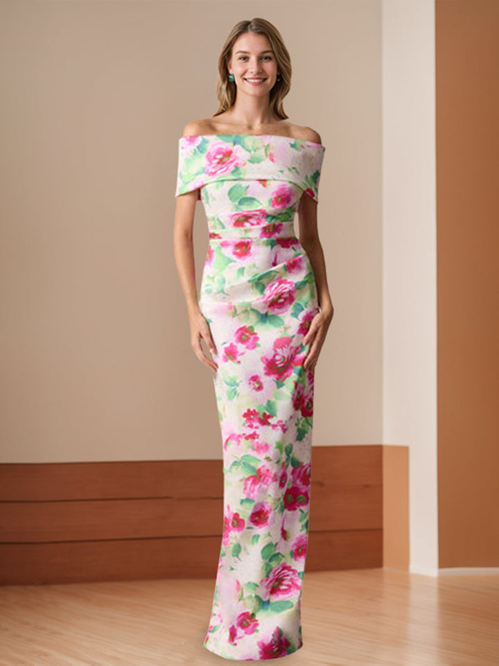 Sheath/Column Off-the-Shoulder Floor-Length Printed Floral Mother of the Bride Dresses with Ruches