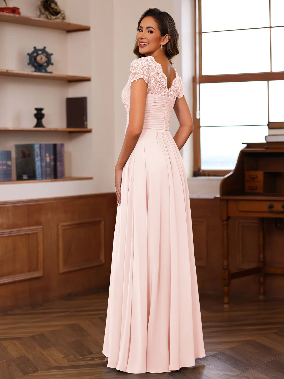 A-Line/Princess V-Neck Short Sleeves Pleated Mother of the Bride & Groom Dresses with Ruffles & Appliques
