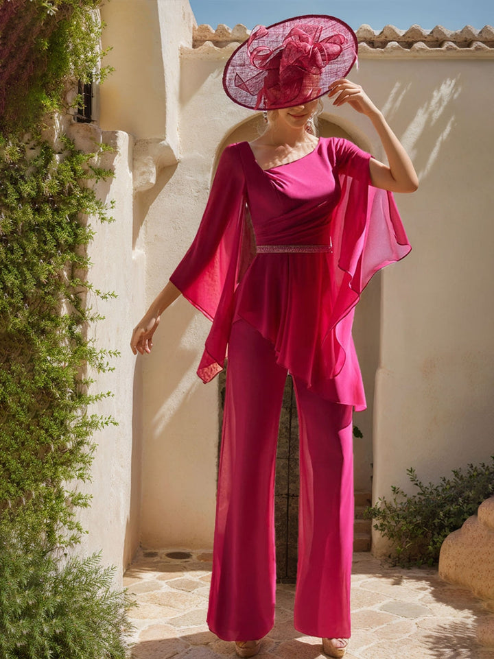 Fashion Chiffon Scoop Neck Long Sleeves Mother of the Jumpsuit with Belt