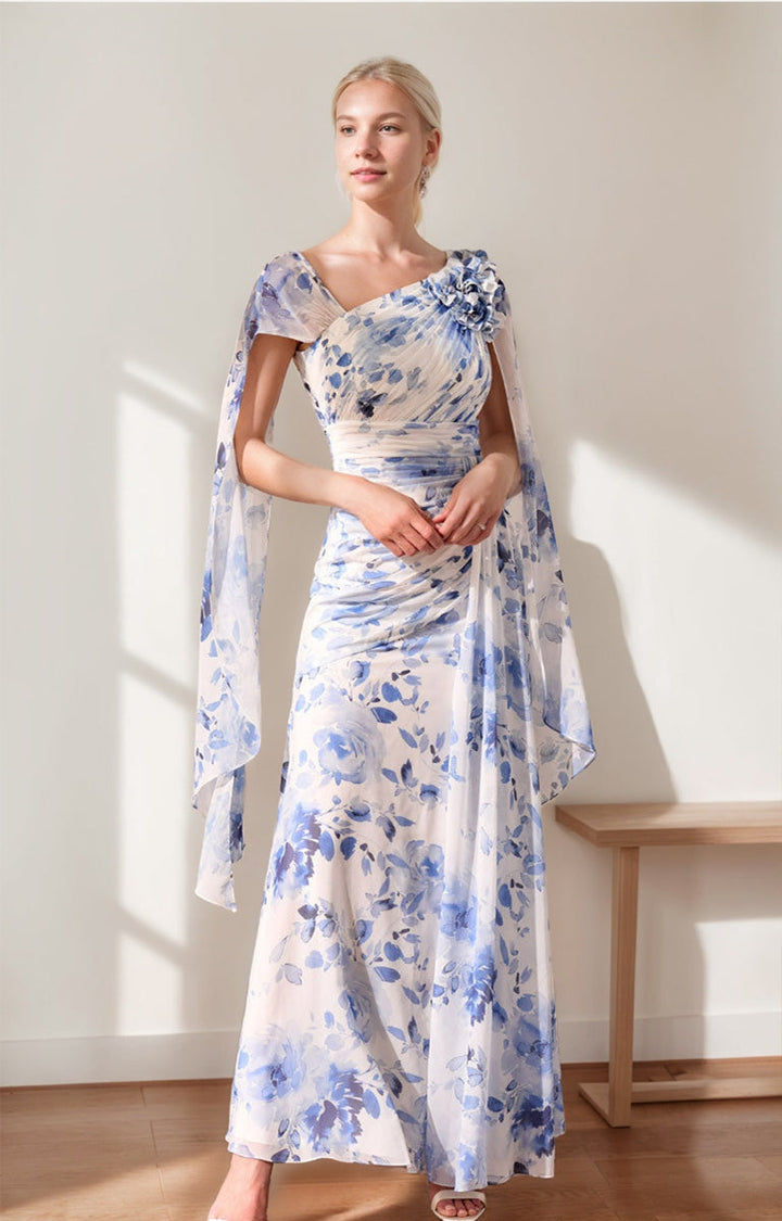A-Line/Princess V-Neck Pleated Printed Floral Mother of the Bride Dresses with Ruffles & 3D Flower