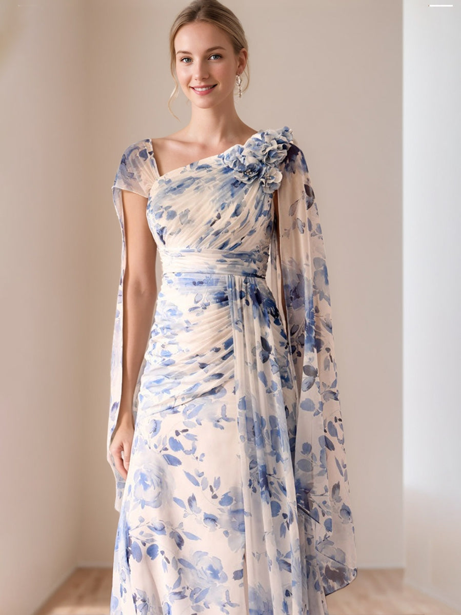 A-Line/Princess V-Neck Pleated Printed Floral Mother of the Bride Dresses with Ruffles & 3D Flower
